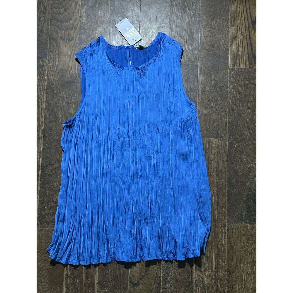 J Jill Plisse Crinkle Pleated Blouse XL Royal Blue Satin Tank Top Sleeveless NWT